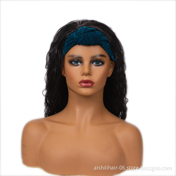 Aishili black long water wave air synthetic hair wig with acid blue headband wig sfor women